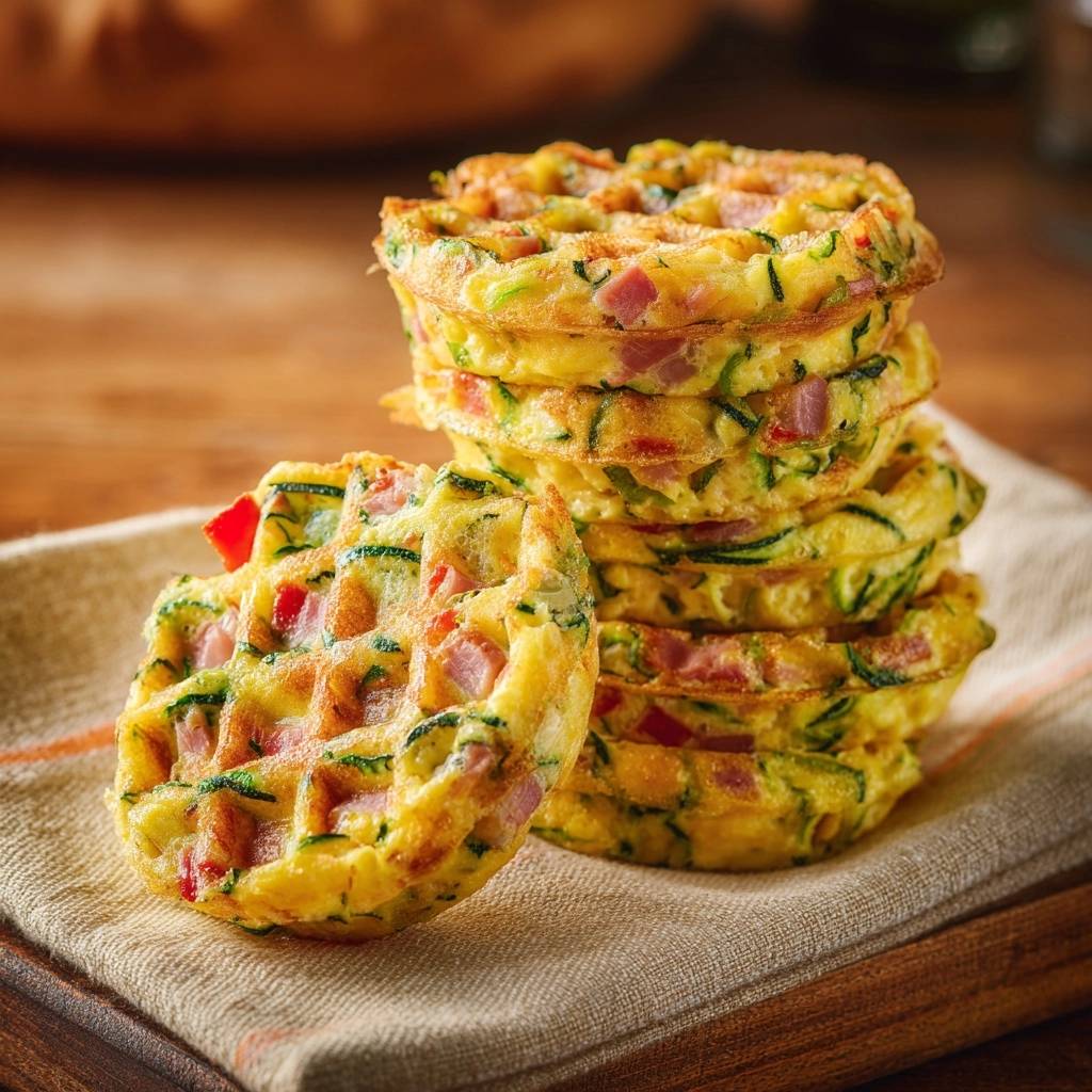 Ham and zucchini waffles stacked in a pile on a napkin, showing their detailed waffle texture and ingredients.