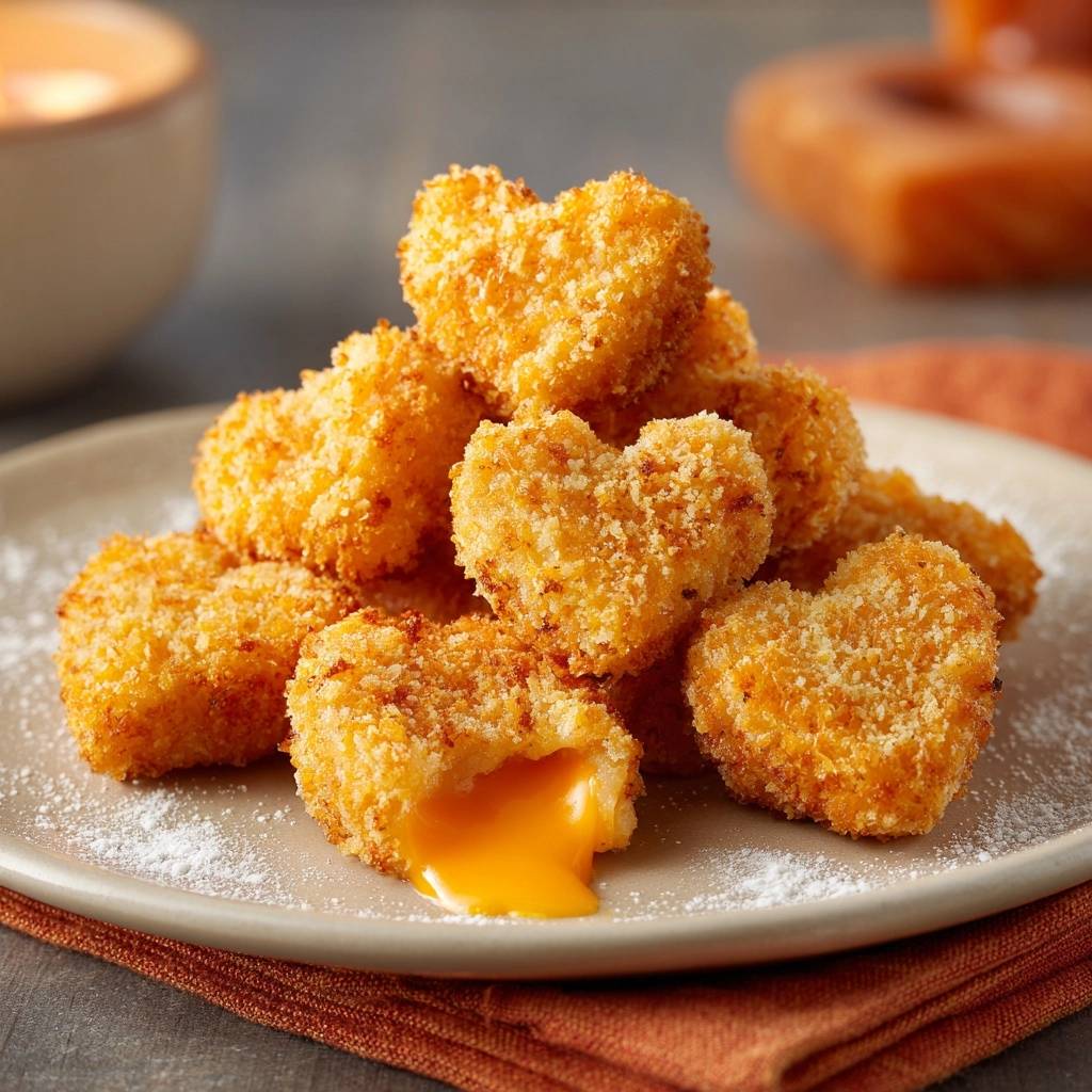 Gooey heart-shaped cheese croquettes with a visible, melted cheese interior cross-section.