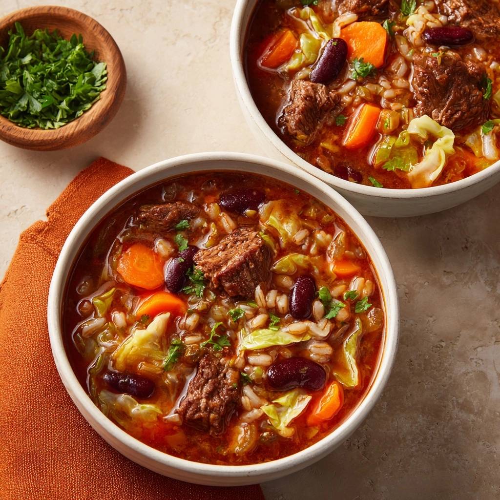 Hearty beef bean barley soup in two white bowls, showcasing tender beef and fresh vegetables.