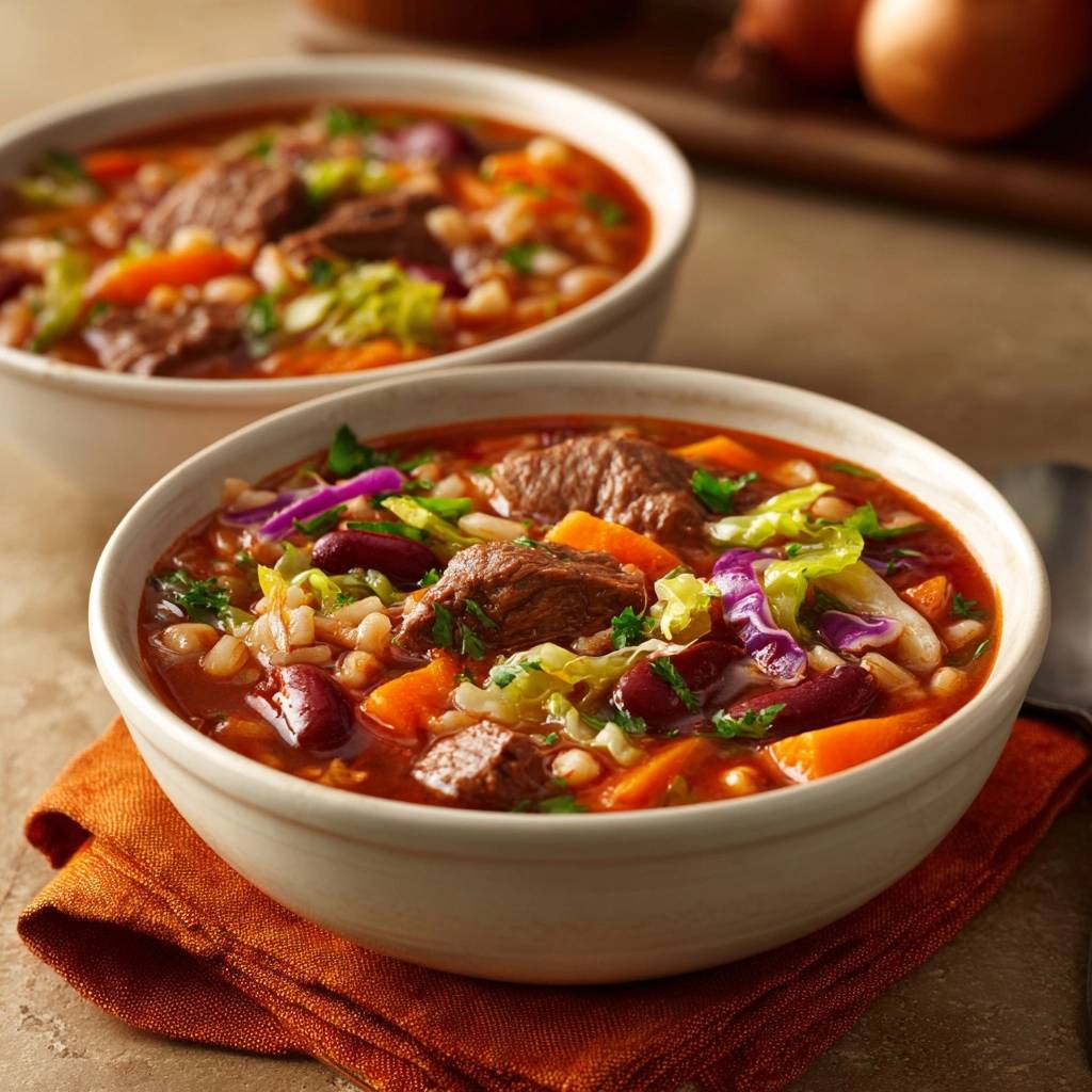 Hearty beef bean barley soup served in two bowls, showcasing a close-up view of tender beef, beans, and vegetables.