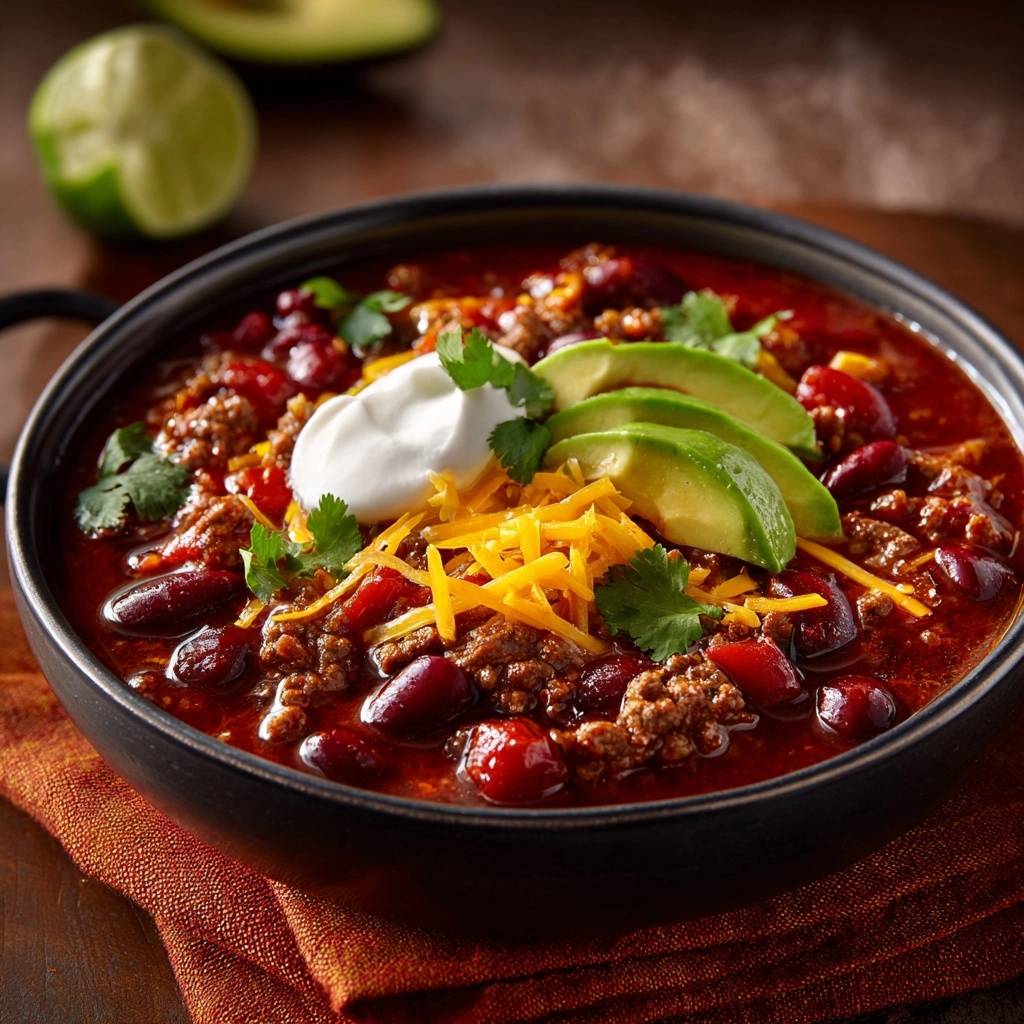 Hearty beef and bean chili in a bowl, topped with sour cream, shredded cheese, avocado slices, and fresh cilantro.