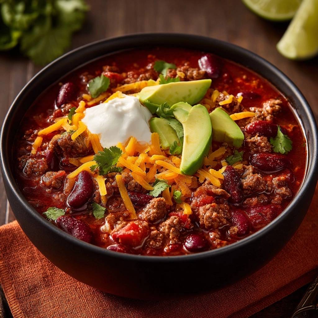 Hearty beef and bean chili with a thick texture, generously garnished with shredded cheese, sour cream, and avocado slices in a black bowl.