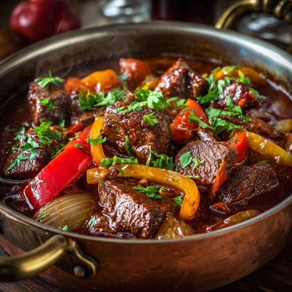 Hearty beef bell pepper stew served in a rustic copper pot, garnished with fresh parsley.
