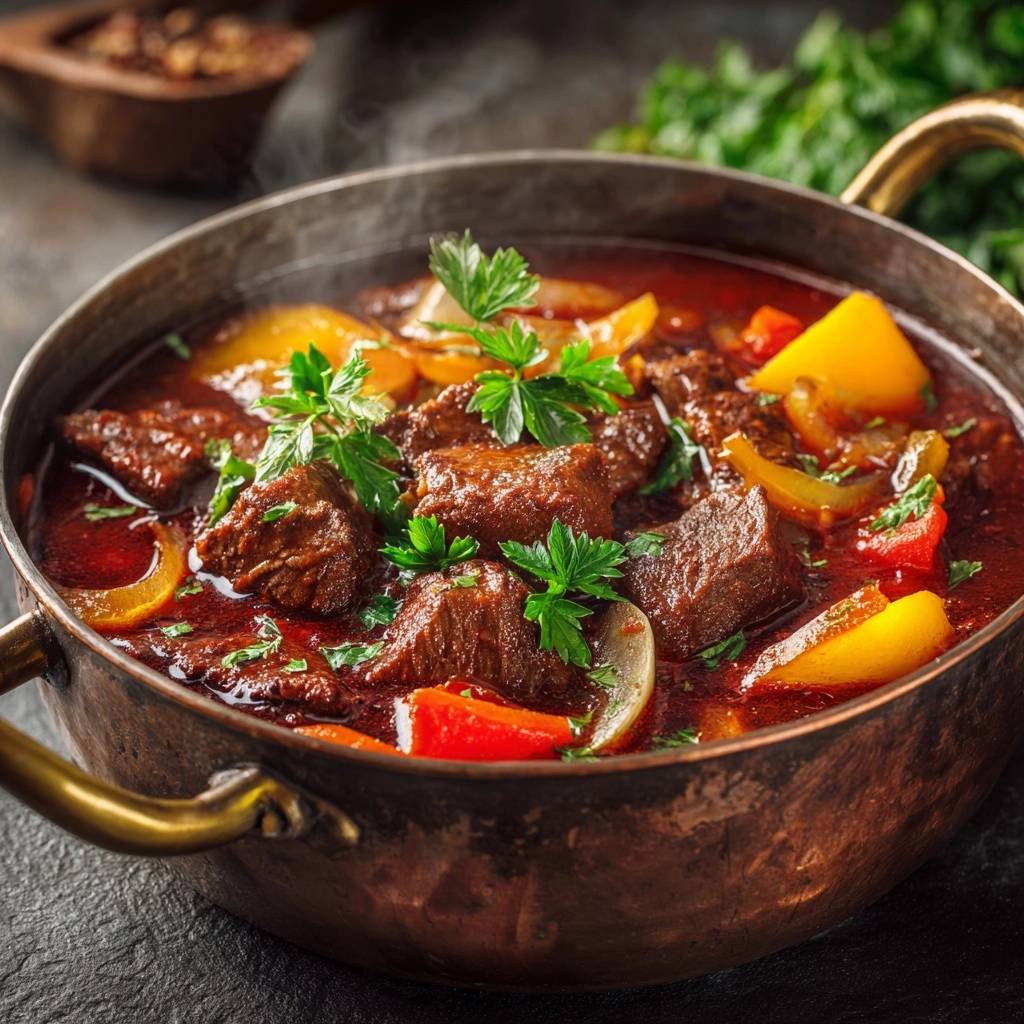 Hearty beef bell pepper stew, steaming in a rustic copper bowl garnished with fresh parsley and bell peppers.