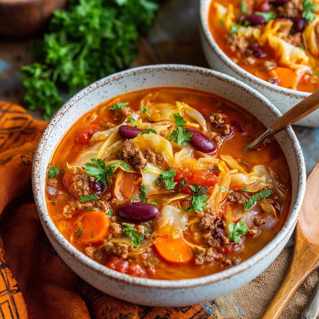 Hearty beef cabbage soup served in a rustic bowl, garnished with fresh parsley and kidney beans.
