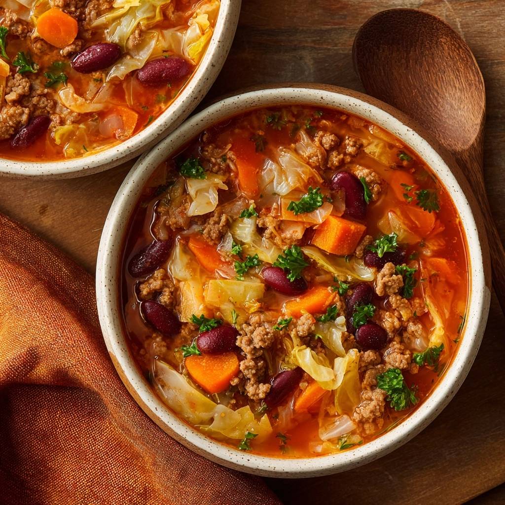 Hearty beef cabbage soup served in two bowls, showing a close-up detail of the ingredients and broth.