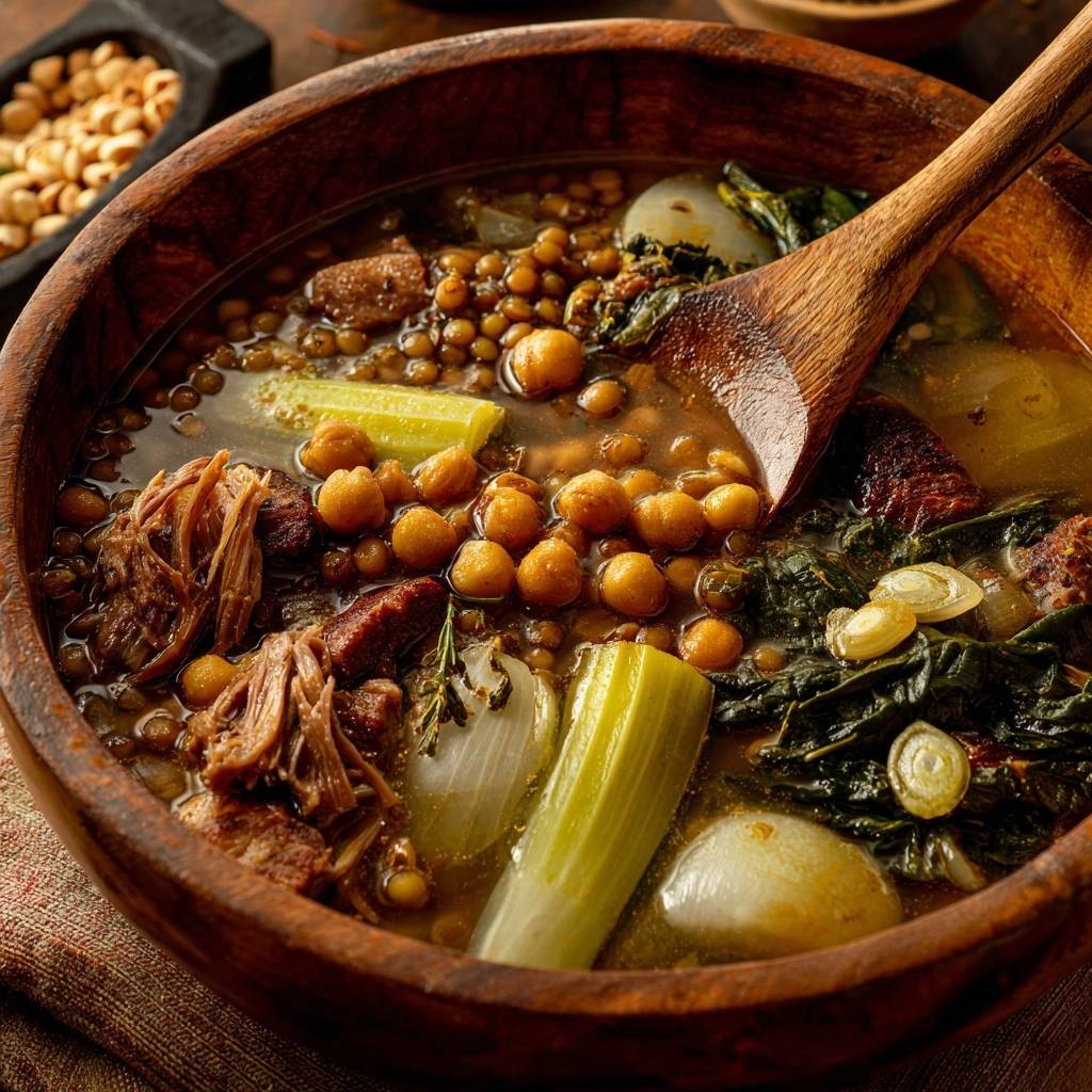 Hearty beef lentil chickpea stew with greens in a rustic wooden bowl, showcasing tender beef and vegetables.