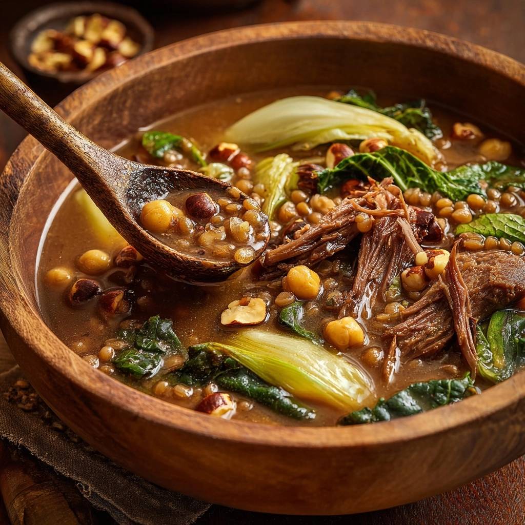 Hearty beef lentil chickpea stew with greens, a spoonful showing lentils, chickpeas, and shredded beef.