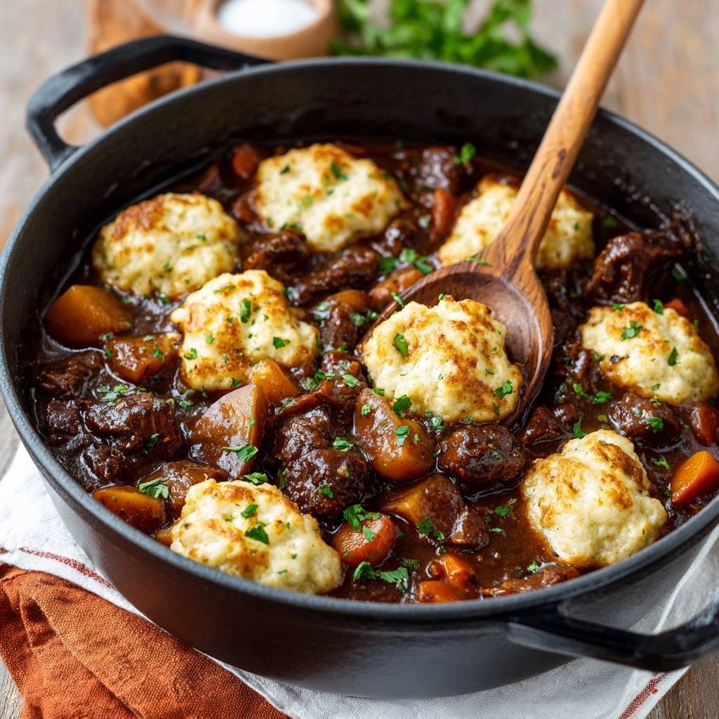 Hearty beef stew and golden crust dumplings served in a black cast iron Dutch oven with a wooden spoon.
