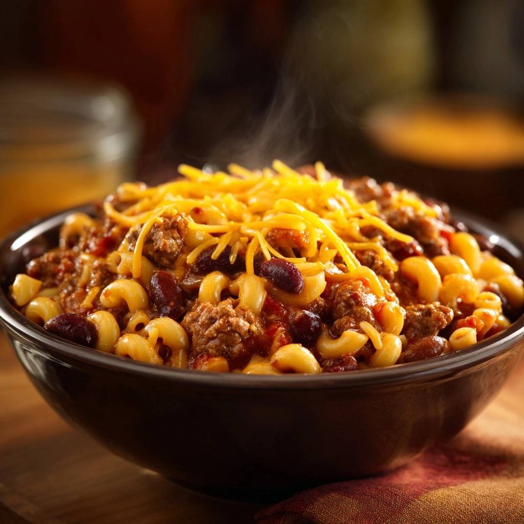 Hearty chili macaroni steaming and topped with shredded cheddar cheese in a dark bowl.