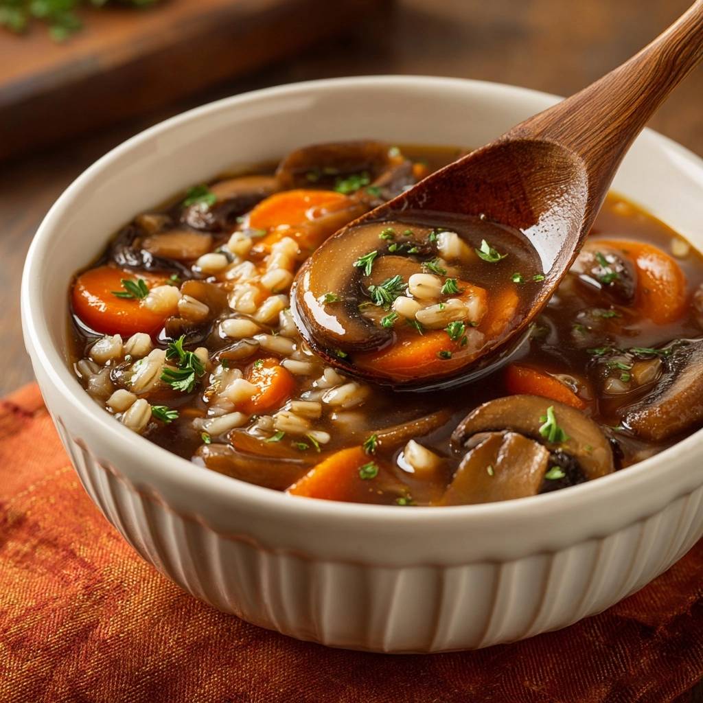 Hearty mushroom barley soup with a spoonful lifted, showing mushrooms, carrots, and barley texture.