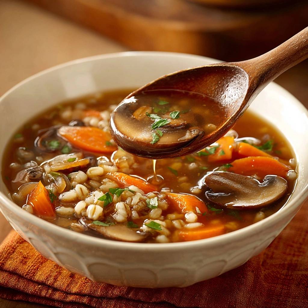 Hearty mushroom barley soup shown with a spoonful being lifted, highlighting the broth and ingredients.