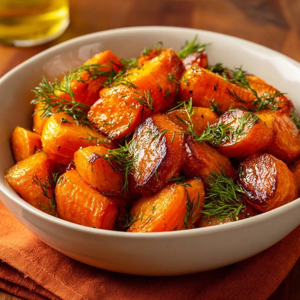 Honey roasted carrots with fresh dill served in a white bowl, a close-up view of the glazed vegetable pieces.