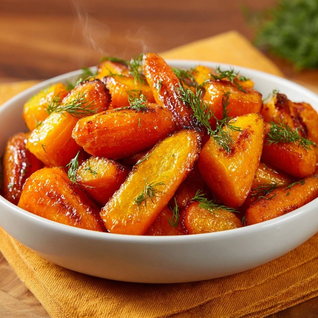 Honey roasted carrots with fresh dill, showing steam rising from the warm, glistening vegetables in a white bowl.