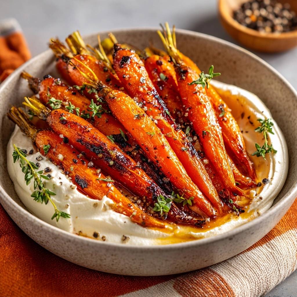 Honey Thyme Roasted Carrots over Whipped Labneh, a close-up view showcasing the glazed carrots and creamy labneh base.