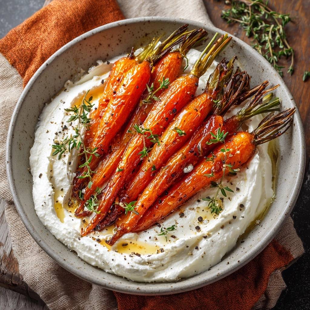 Honey thyme roasted carrots over whipped labneh served in a bowl, overhead view with fresh thyme garnish.