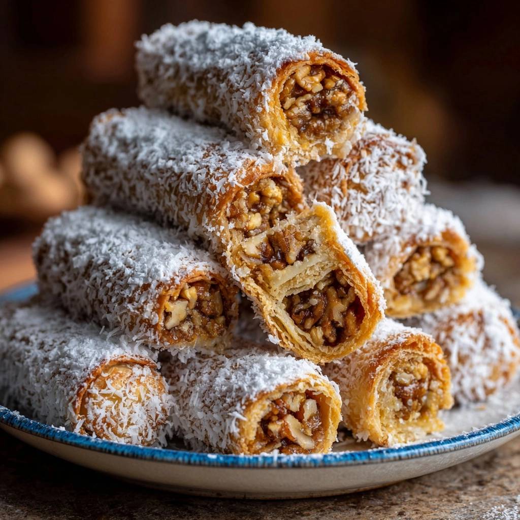 Honey walnut puff rolls with shatteringly flaky layers shown in a close-up cross-section revealing the nutty filling.