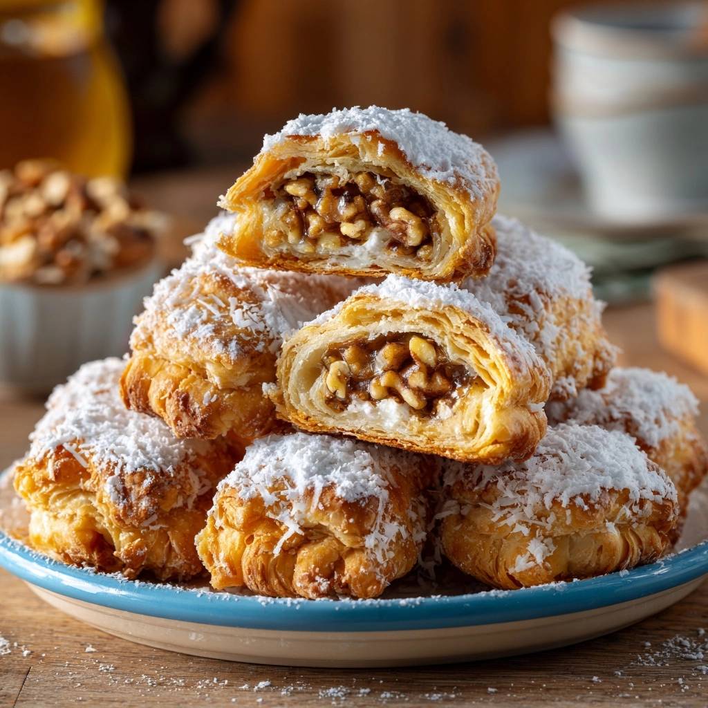 Honey walnut puff rolls with shatteringly flaky layers, shown in a close-up cross-section revealing the sweet walnut filling.