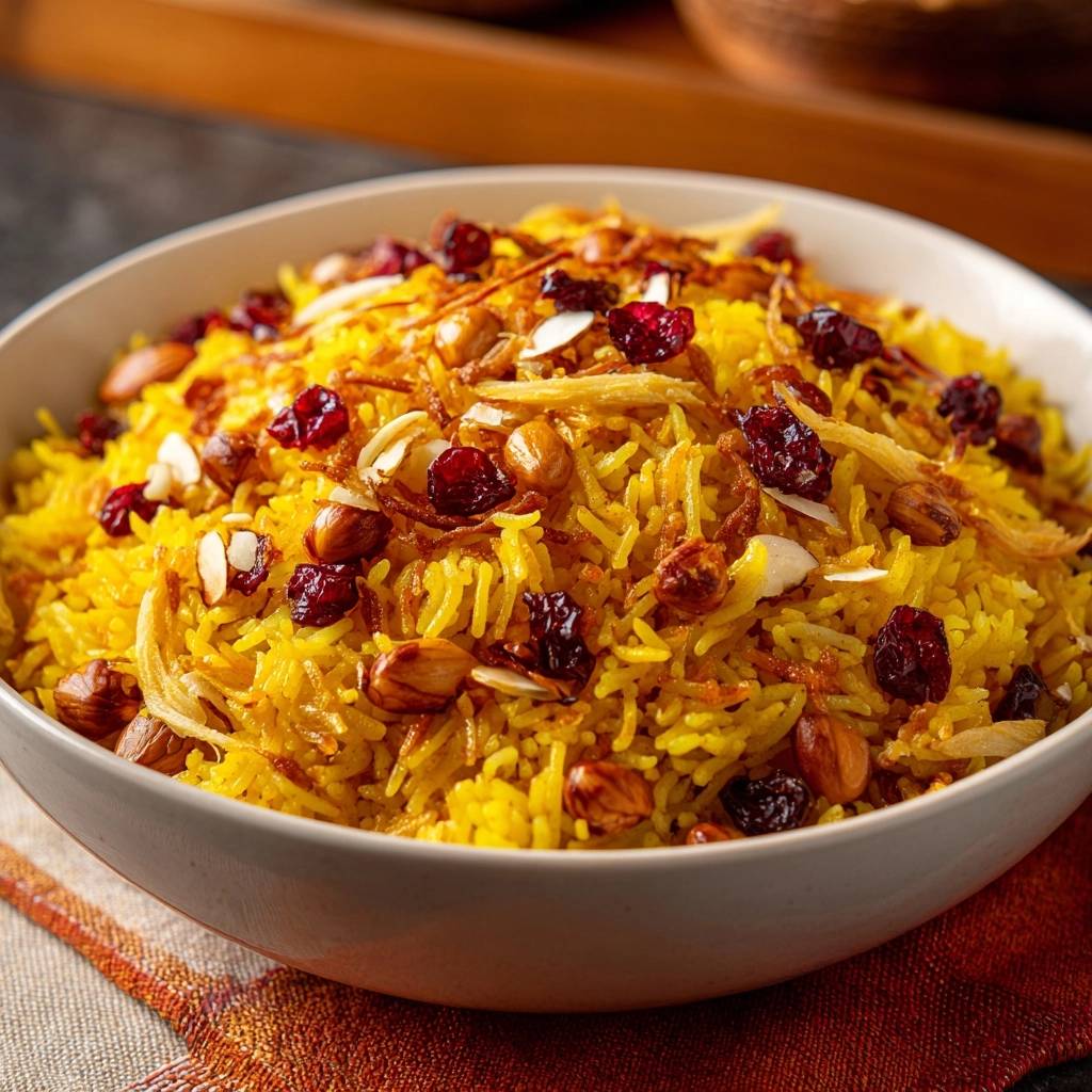 Jeweled saffron basmati rice featuring a close-up view of the vibrant garnish of nuts and dried cranberries.