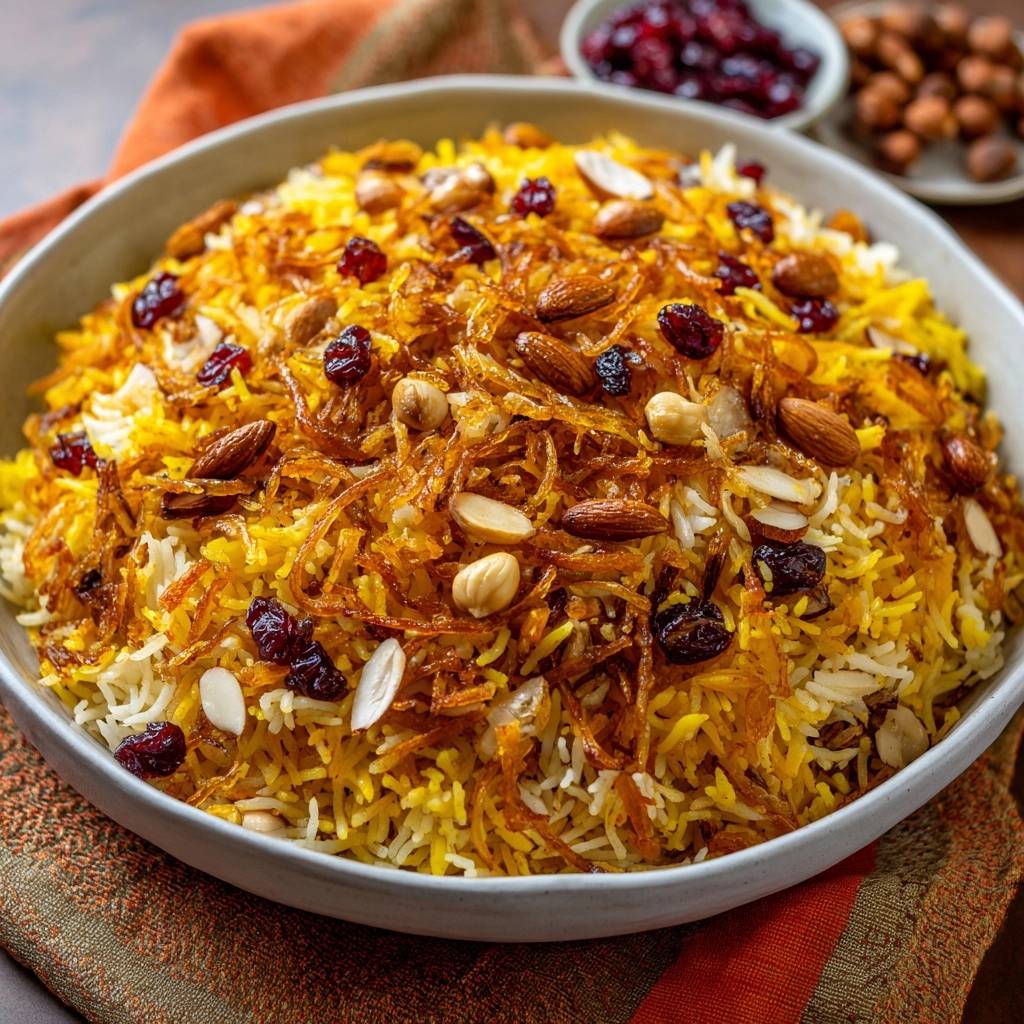 Jeweled saffron basmati rice with a generous topping of almonds, dried cranberries, and fried onions.