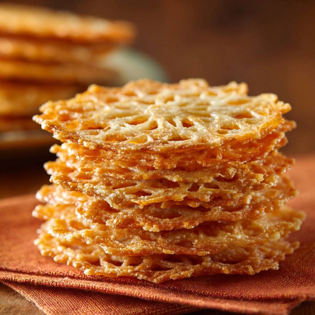 Lacy Parmesan cheese crisps stacked high on an orange napkin, showcasing their delicate, intricate patterns.
