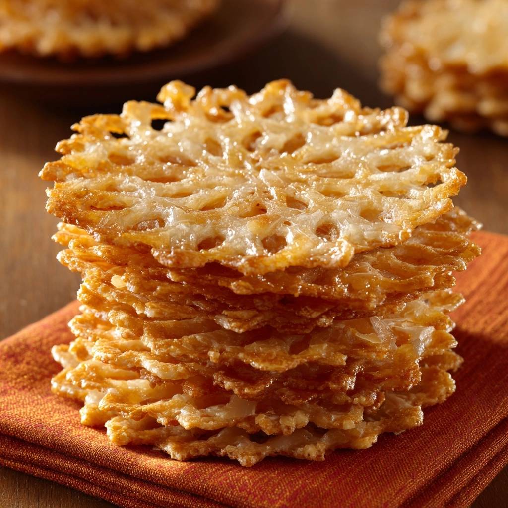 Lacy Parmesan Cheese Crisps stacked neatly on an orange napkin, showcasing their delicate, intricate pattern.