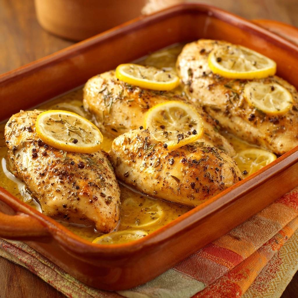 Lemon herb roasted chicken shown in a baking dish, topped with lemon slices and herbs.
