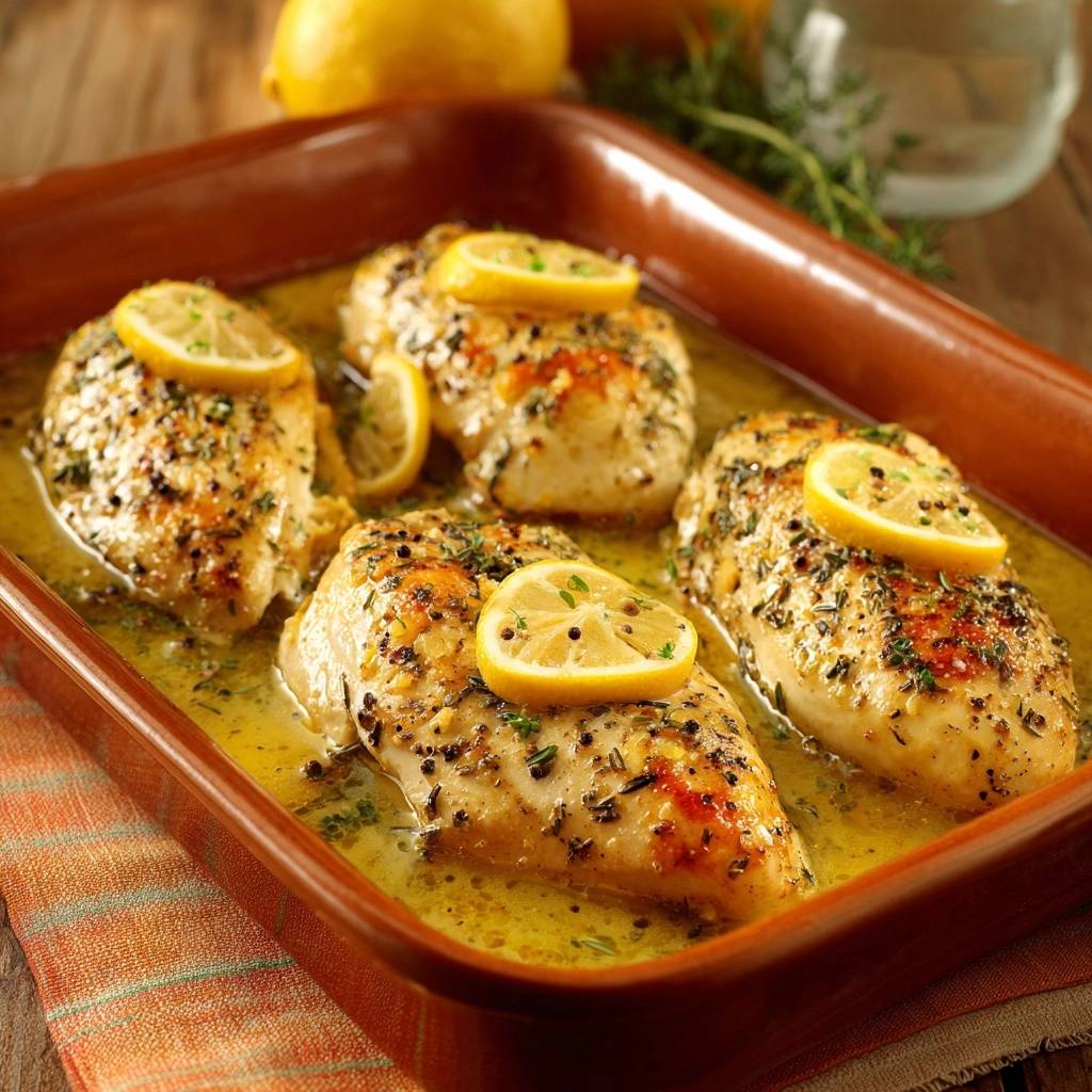 Lemon herb roasted chicken in a rustic baking dish, garnished with lemon slices and herbs, shown from a side view.