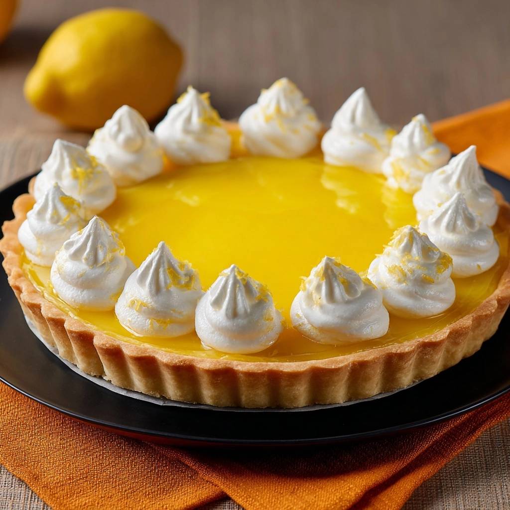 Lemon meringue pie with a bright yellow filling and decorative swirls of whipped meringue around the edge.