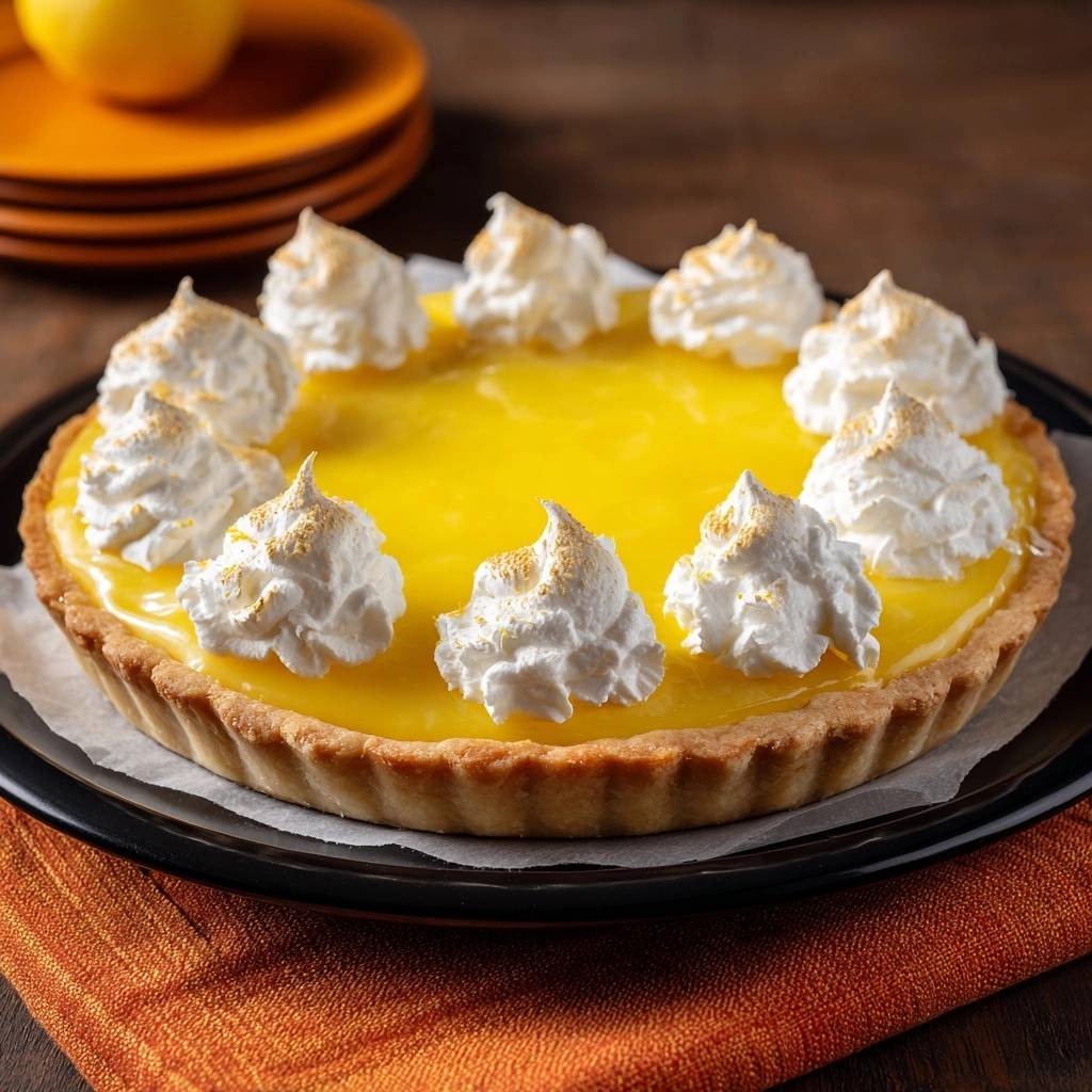 Lemon meringue pie with piped whipped topping dusted with toasted sugar, shown with a close-up view.