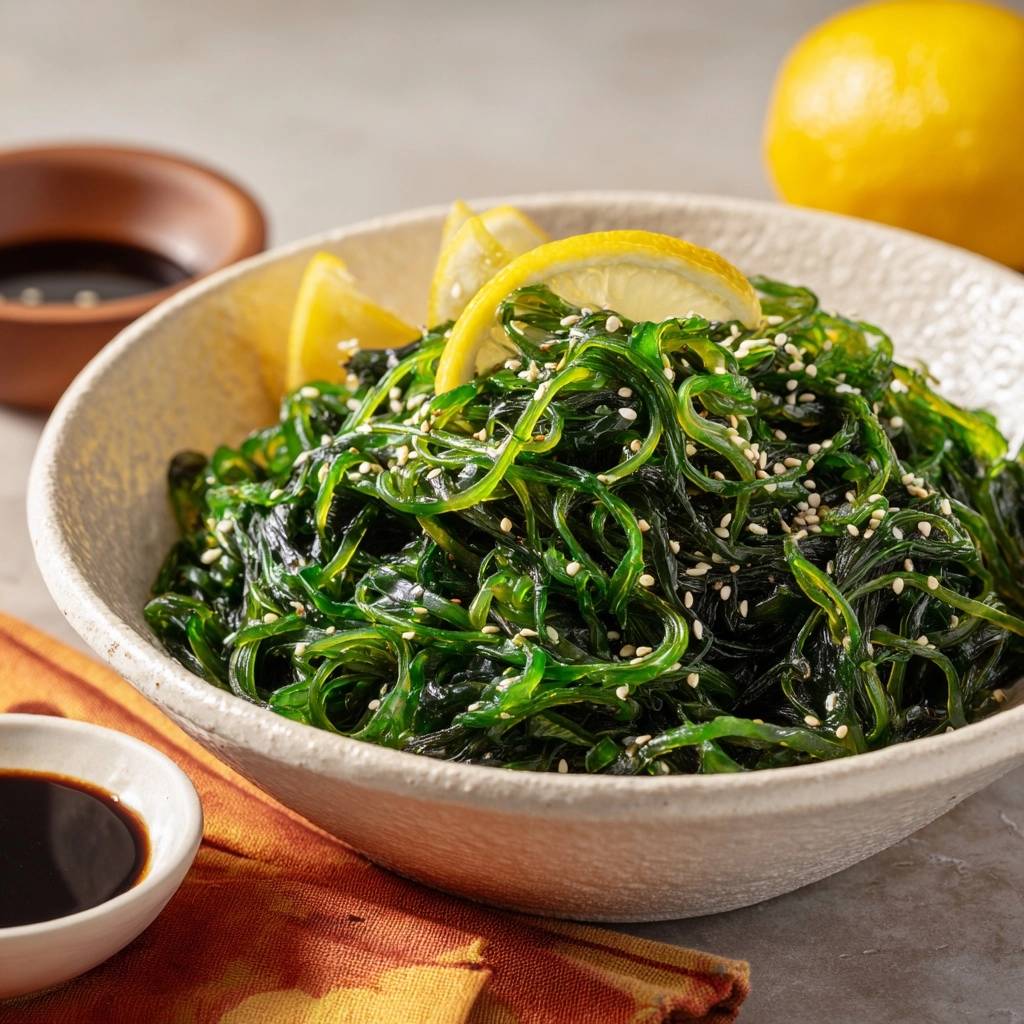 Lemon soy wakame salad garnished with lemon slices and sesame seeds in a bowl.