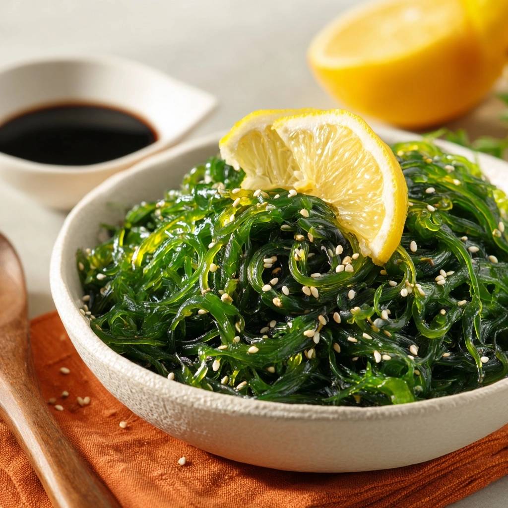 Lemon soy wakame salad garnished with a fresh lemon slice and sesame seeds in a bowl.