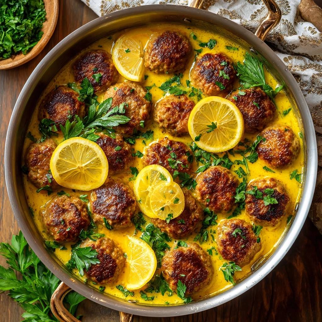 Lemon turmeric meatballs in creamy curry served in a pan, garnished with fresh parsley and lemon slices.