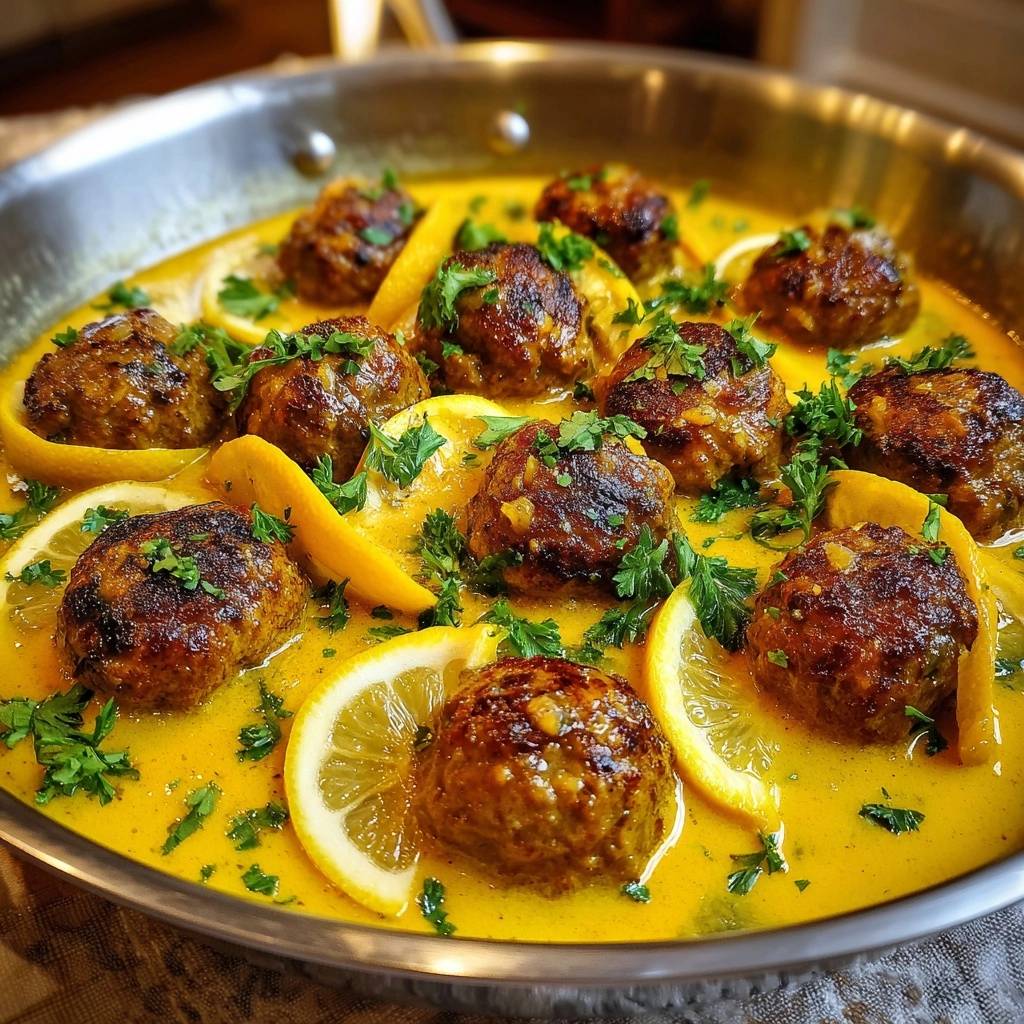 Lemon turmeric meatballs in creamy curry served in a pan with lemon slices and parsley garnish.