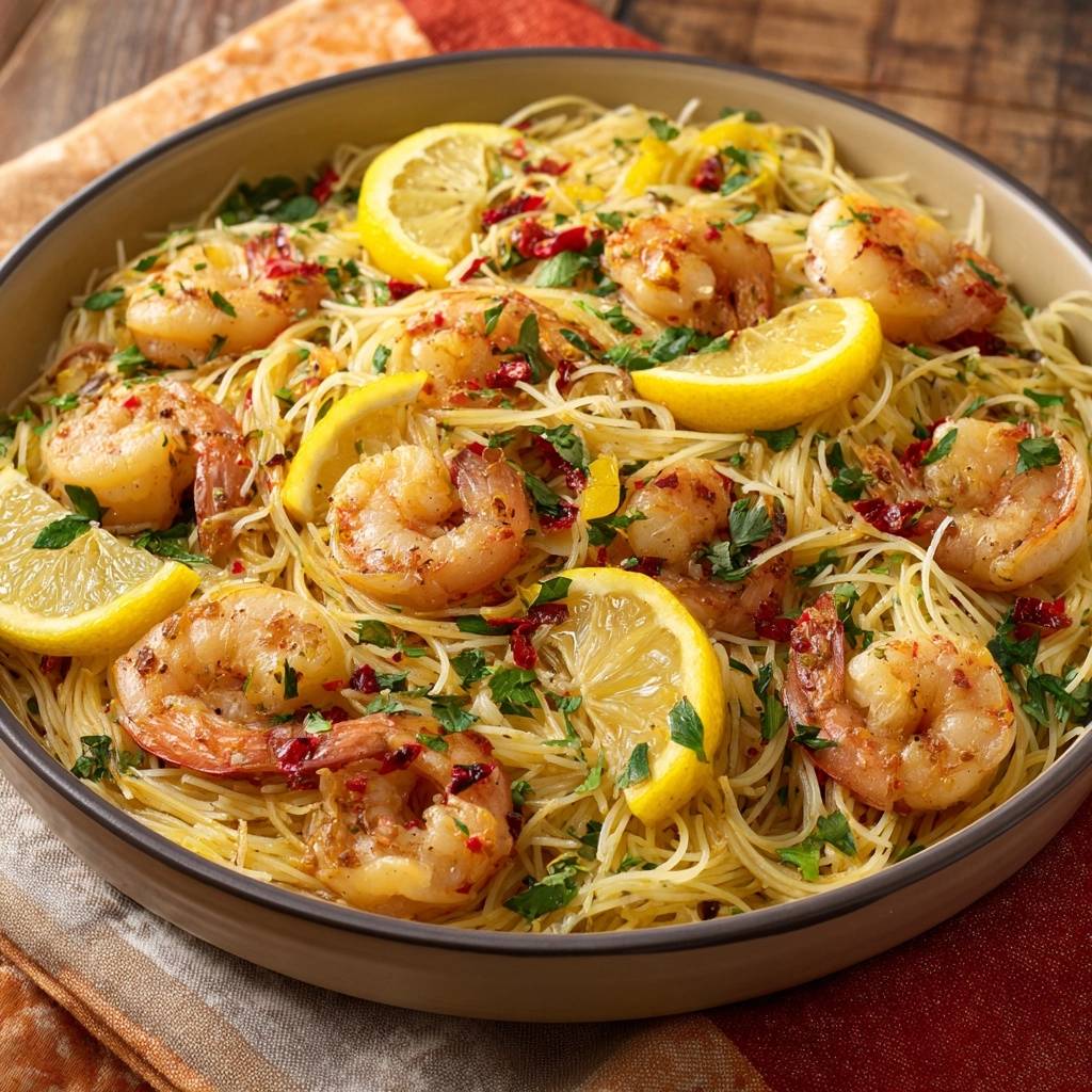 Lemony shrimp angel hair pasta served in a bowl, garnished with lemon slices and parsley, viewed from above.