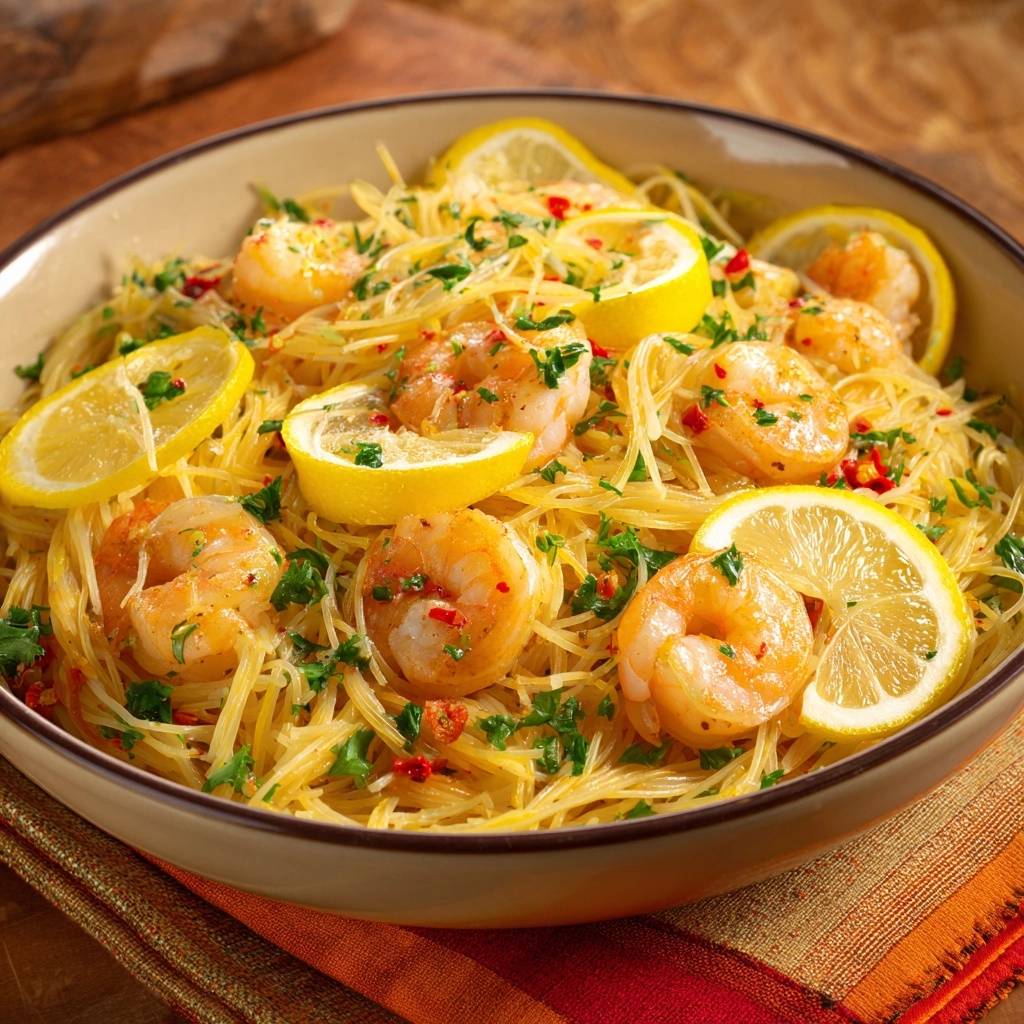 Lemony shrimp angel hair pasta dish topped with bright lemon slices and fresh parsley.