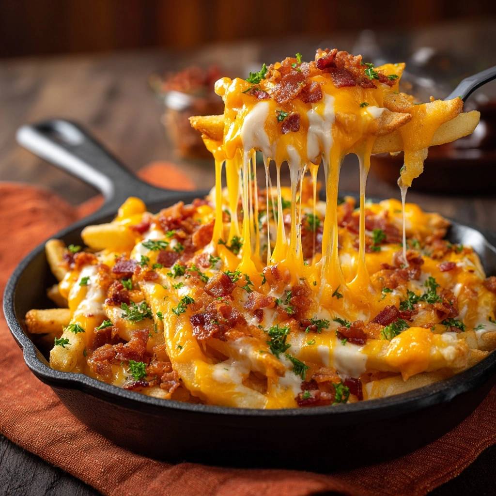Loaded bacon cheese fries with a dramatic cheese pull captured from a fork.