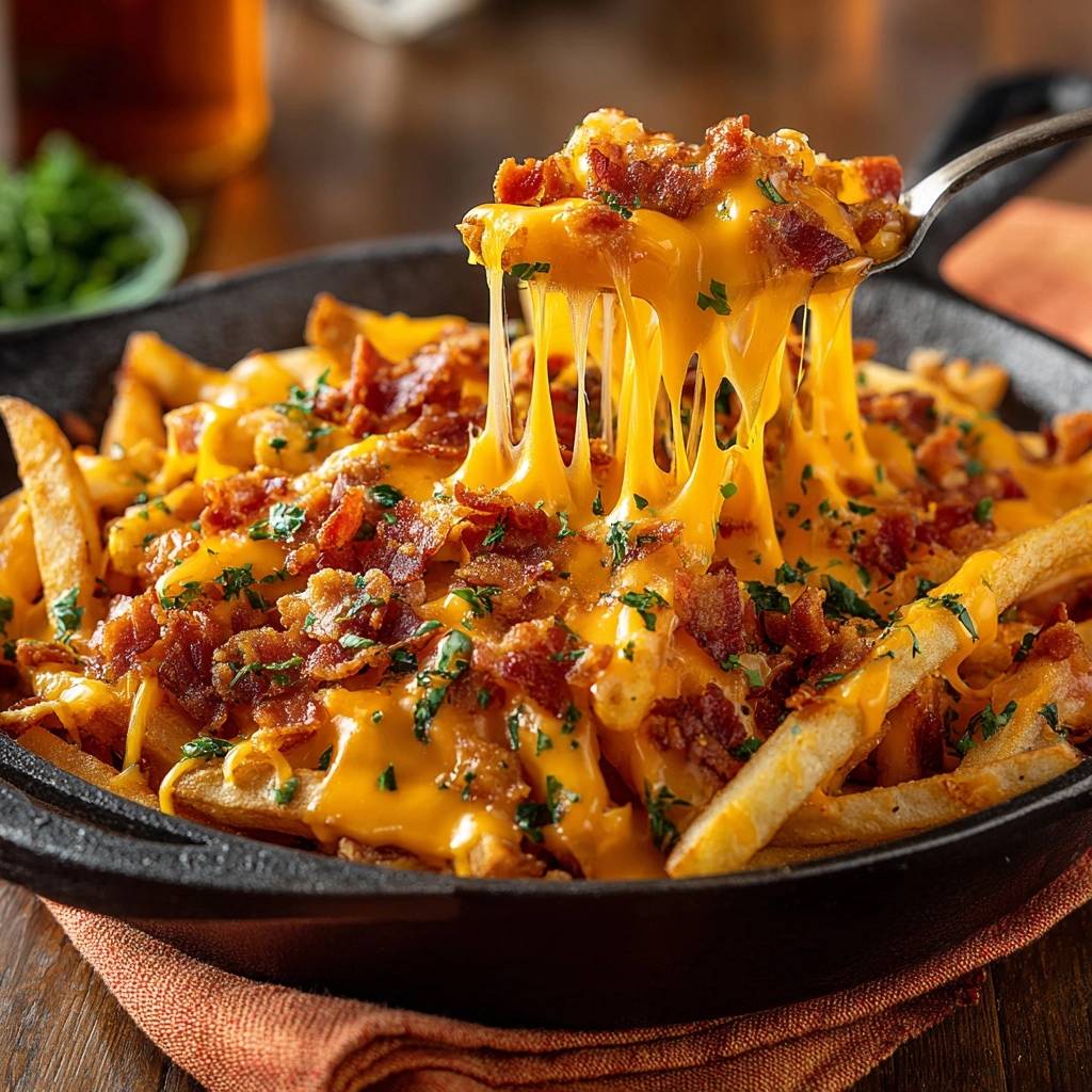 Loaded bacon cheese fries with a close-up view of melted cheese stretching from a fork.