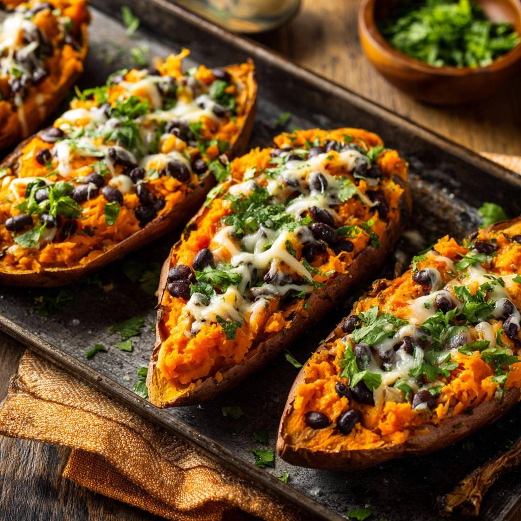 Loaded black bean stuffed sweet potatoes shown close-up on a dark baking tray with melted cheese and cilantro.