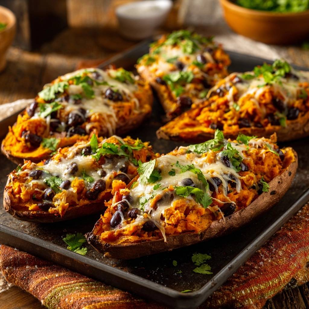 Loaded black bean stuffed sweet potatoes shown on a baking tray, topped with melted cheese and cilantro.