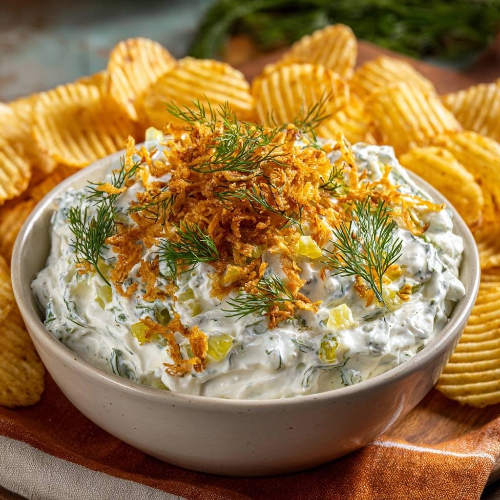 The ultimate loaded creamy dill pickle dip topped with fried onions and fresh dill.