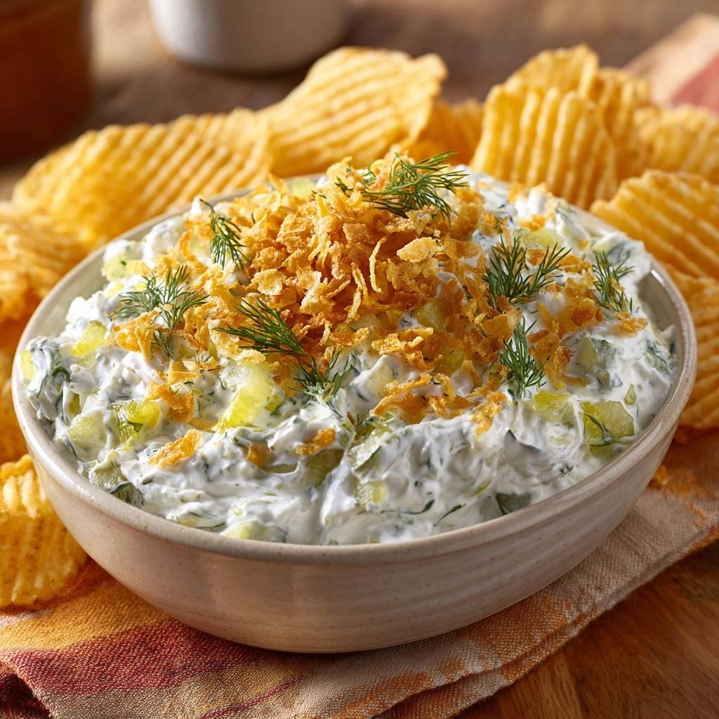 The Ultimate Loaded Creamy Dill Pickle Dip topped with fried onions and dill in a bowl, surrounded by potato chips.