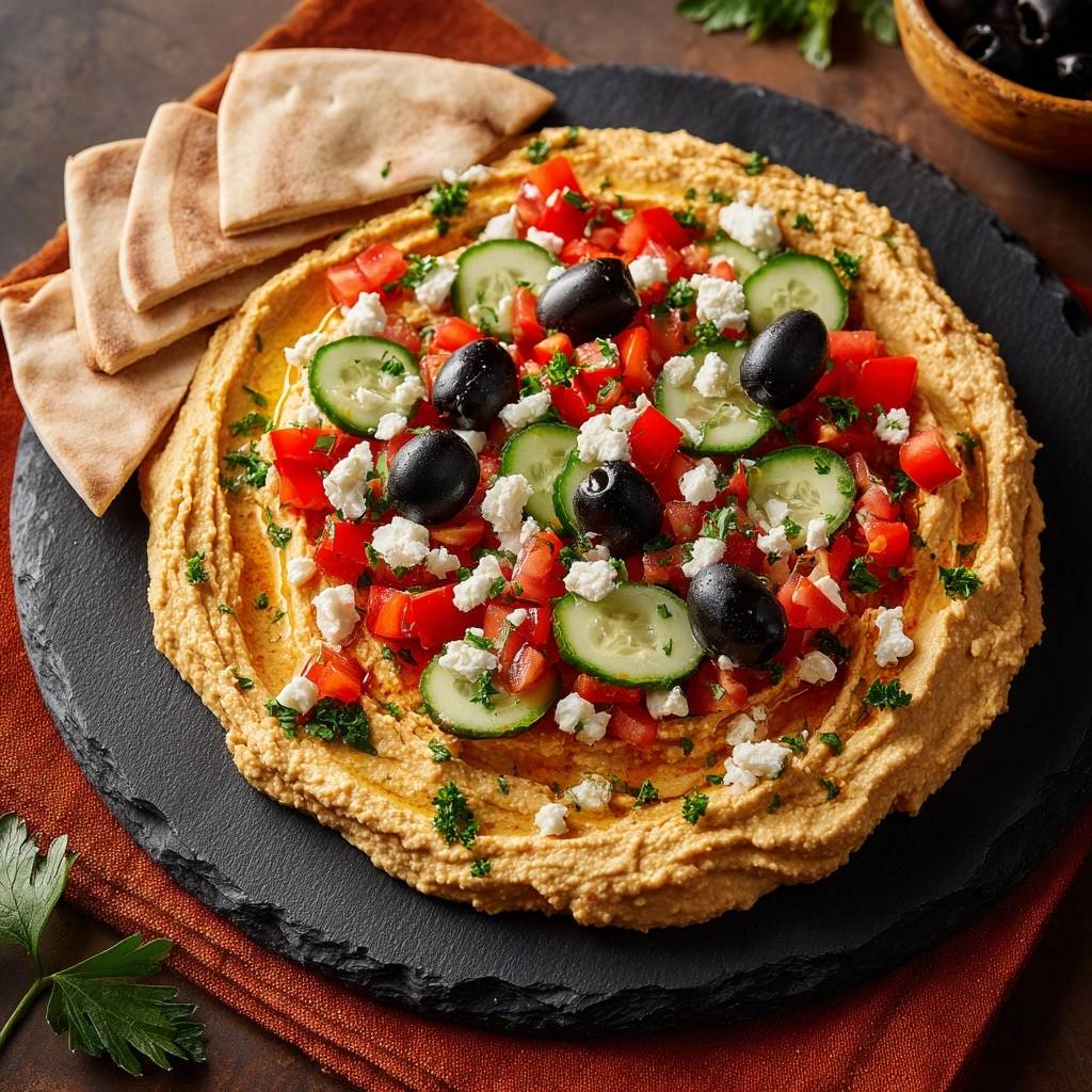 Loaded Greek hummus platter generously garnished with tomatoes, cucumbers, olives, and feta, served with pita bread.