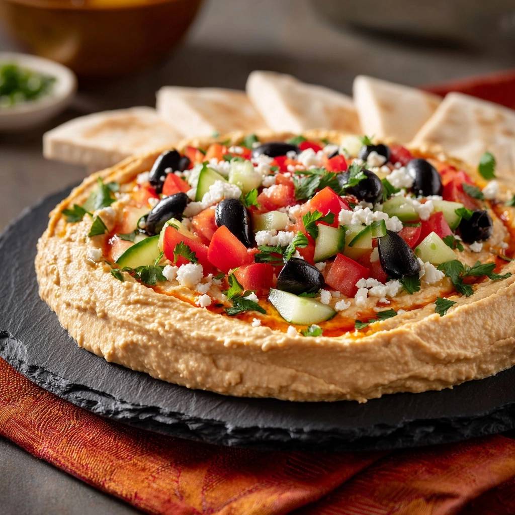 Loaded Greek hummus platter topped with chopped tomatoes, cucumbers, olives, and feta cheese, served with pita bread.