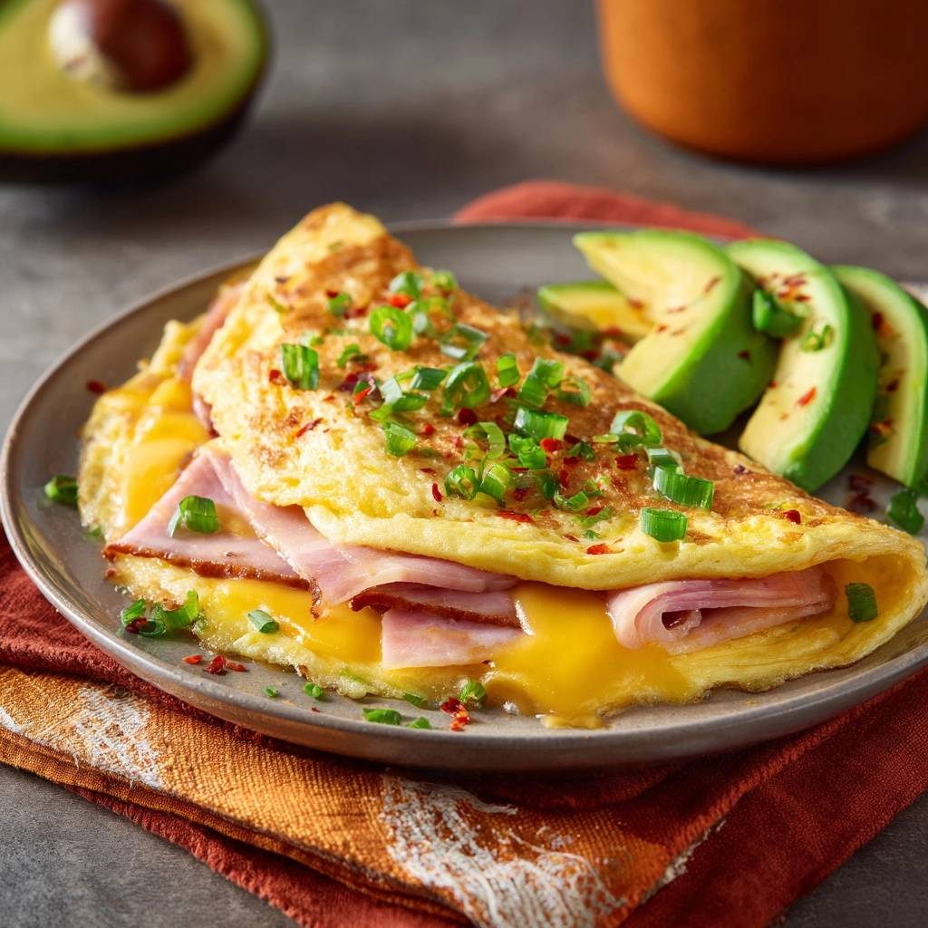 Loaded ham and cheese omelet folded and garnished with scallions, served with sliced avocado on the side.