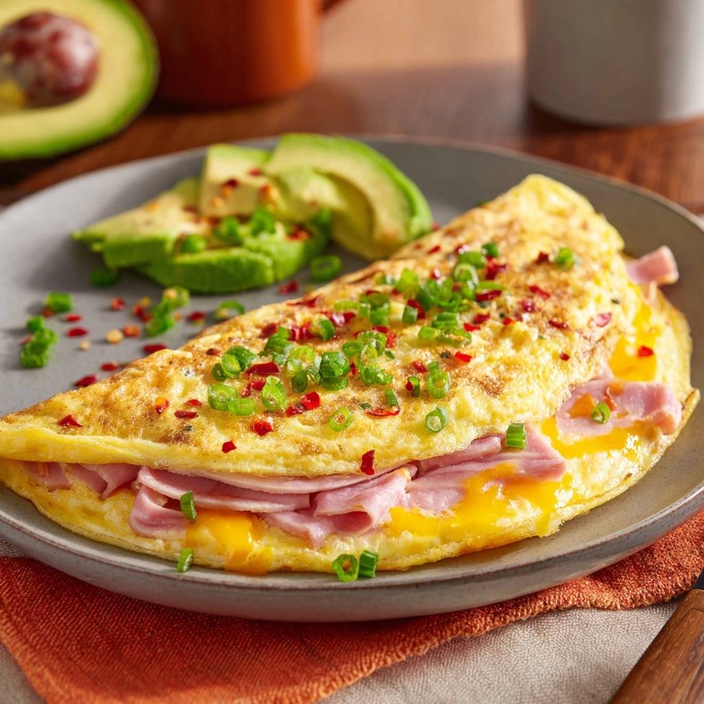 Loaded ham and cheese omelet folded in half, served with sliced avocado and garnished with green onions and chili flakes.