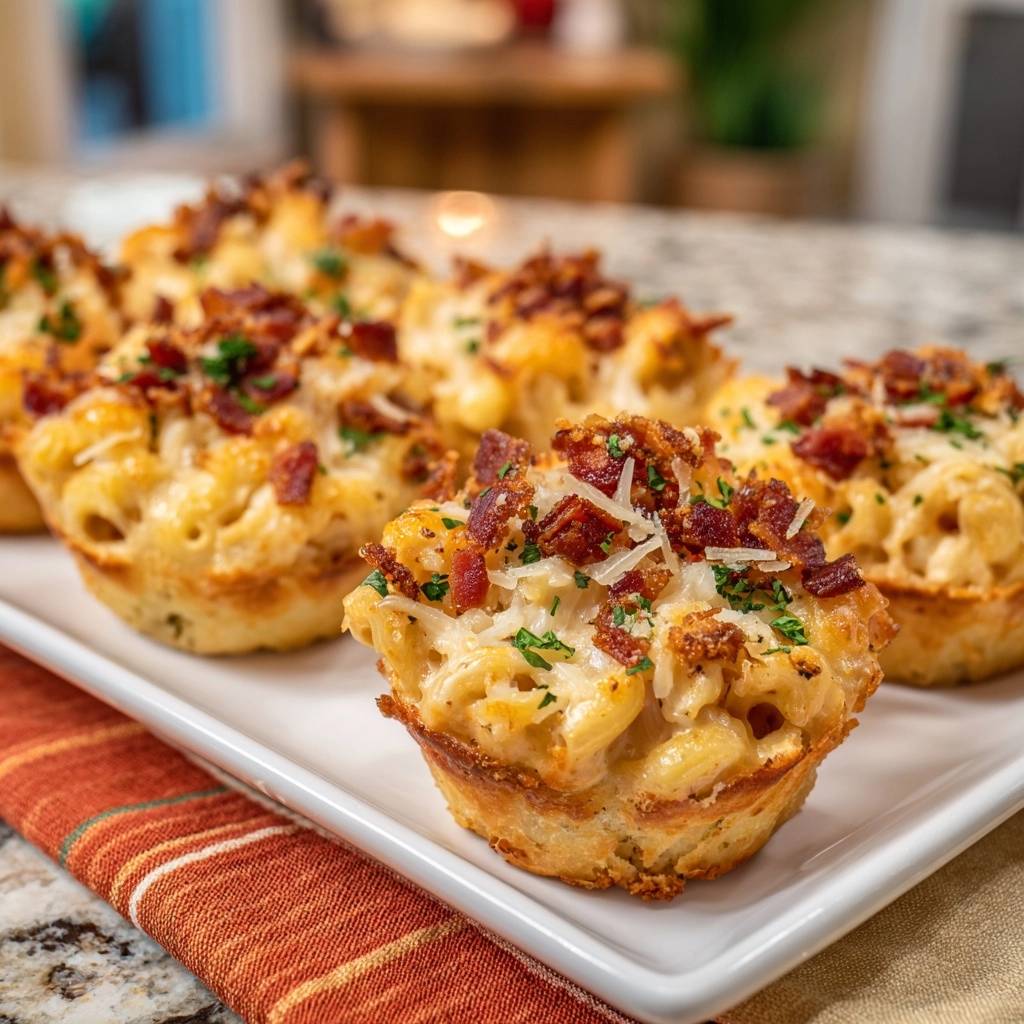 Loaded mac and cheese biscuit cups topped with bacon and parsley, shown in a close-up view.