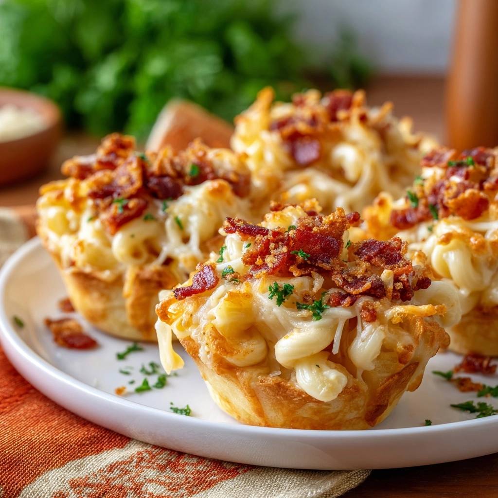 Loaded mac and cheese biscuit cups topped with crispy bacon and fresh parsley, shown in a close-up view.