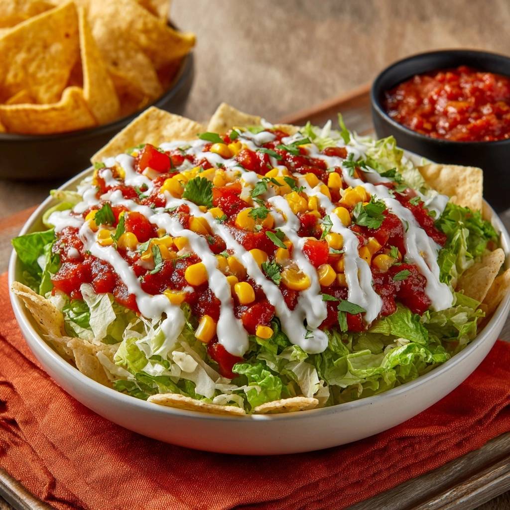 Loaded taco salad bowl featuring lettuce, corn, salsa, and drizzles of white sauce, served with tortilla chips.
