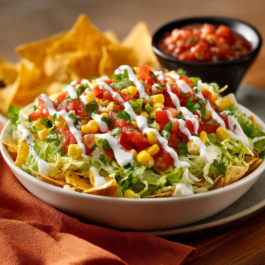 Loaded taco salad bowl with tortilla chips and salsa, shown from an overhead perspective.